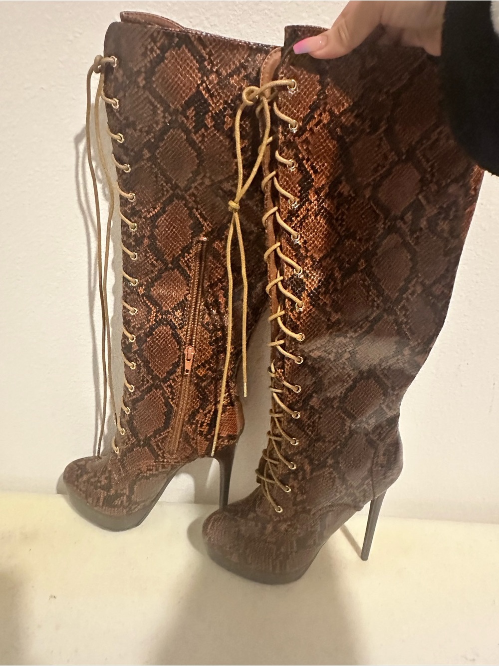 Shoe Dazzle Brown Snake-Print Lace-Up Over-the-Knee Stiletto Boots